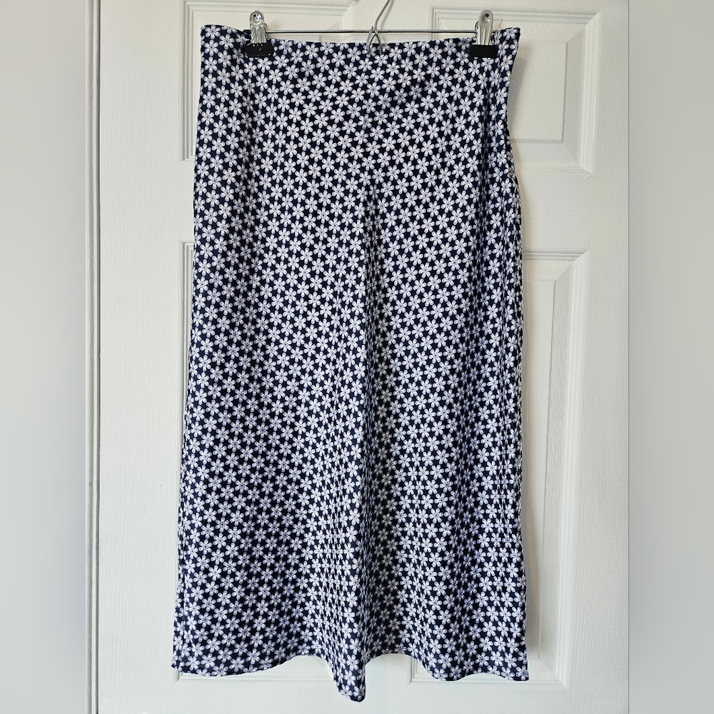 Navy Floral Print Satin Bias-cut Skirt Below The Knee Hollister Med-Large